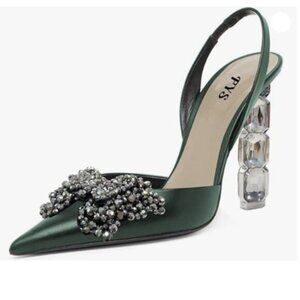 FYS Womens Pointed Toe Slingback Sandals Crystal Rhinestones D'Orsay Pump Green